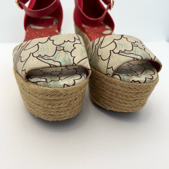 Tory Burch Platform Wedge Espadrilles Sandals Red Floral Open-Toe | Size: 8M - Picture 5 of 13
